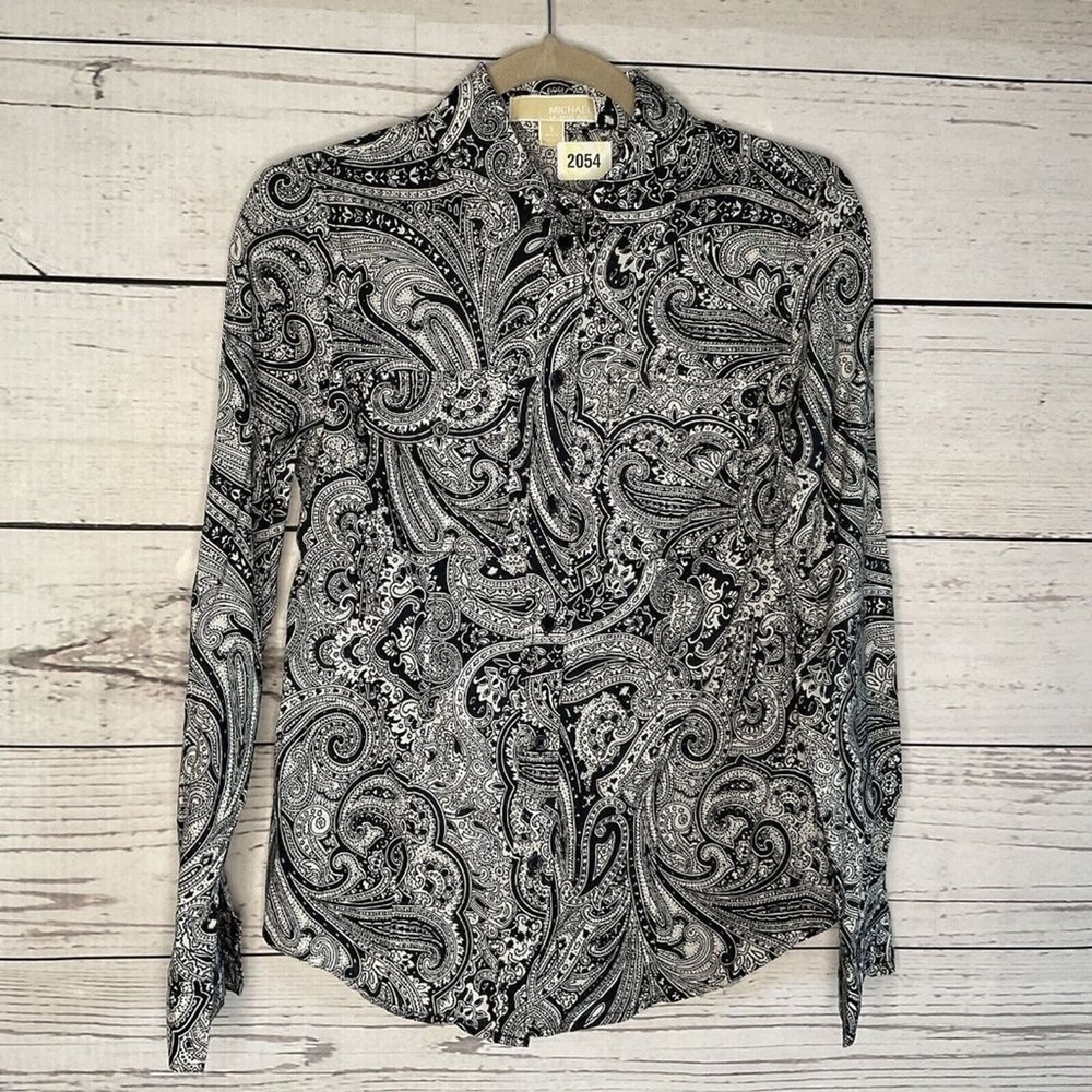 Michael Kors Black/White Paisley Button Up Long Slv. Shirt Women S China Cotton